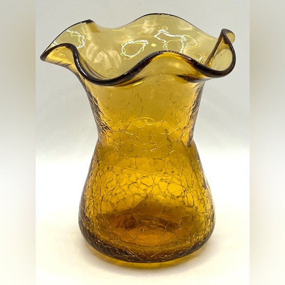 Vintage Hand Blown Amber Crackle Glass Ruffled Edges Fluted Rim Vase 4.8 in - Picture 3 of 8